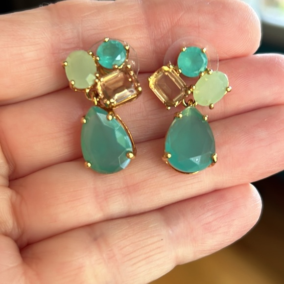 NWT Kate Spade Gold Tone Post Earrings w Aqua Blue, Pale Green & Tan Rhinestones - Picture 2 of 7